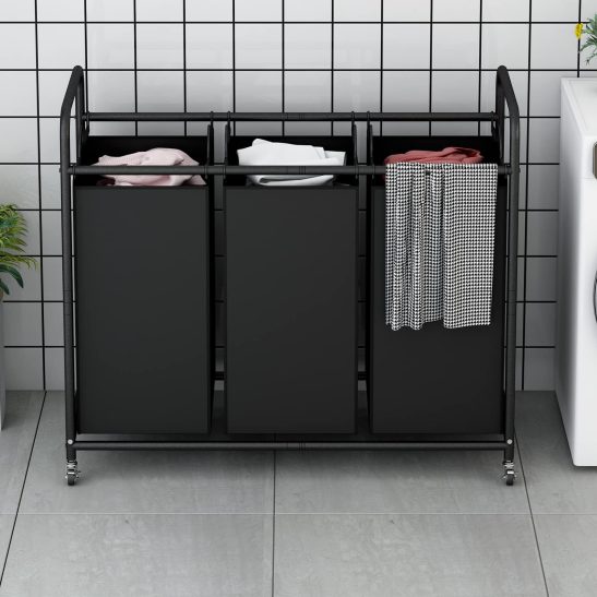 Laundry Basket 3-Bag Sorter 63.4gal Laundry Home Decor Hamper Cart With Heavy Duty Rolling Lockable Wheels And Removable Bags Included For Bedroom, Laundry Room - Sturdy Fabric Storage Bin, Laundry Baskets