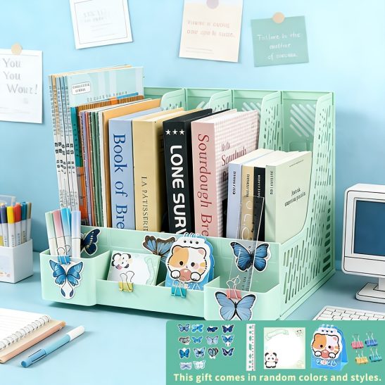 6pcs Office And Study Set Butterfly Style Desktop File Organizer Box, with 4 Compartments, Large Capacity Desktop Storage Box, Suitable for Office Workers And Students to Organize Books, Documents, And Stationery, Shatterproof Design, Space-Saving