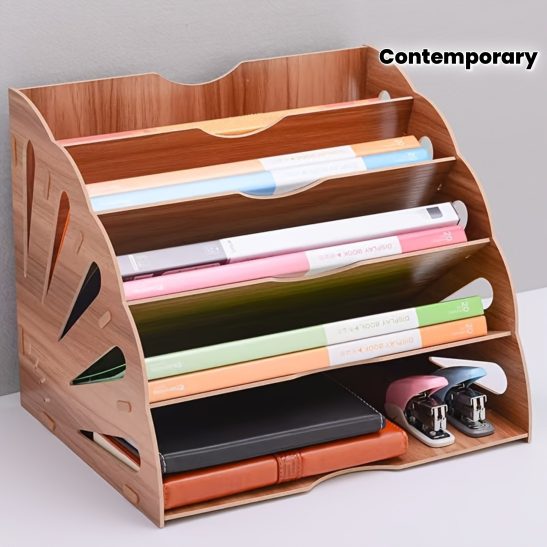 Multi-Tier Wooden Desk Organizer - Contemporary Style A4 File Storage Rack with Cut-Out Design, Ideal for Office & Home - Features Shelves for Books, Notebooks, Pens & More