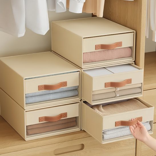 Set of 2 Foldable Drawer Storage Boxes with Clear View Window And Built-In Handles, Thickened Breathable Non-Woven Fabric, Grayu002FBeige, for Closet And Wardrobe Organization of Clothes, Sweaters And Towels, Under-Bed Storage