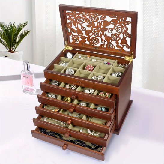 Wood Jewelry Box for Women - Real Wooden Jewelry Holder Organizer Box with Rose Leaf Patterns, Mothers Day Gifts, Jewelry Boxes for Storage Earrings Rings Necklace Bracelet, Ideal Gift for Women's Day, Jewelry Boxes