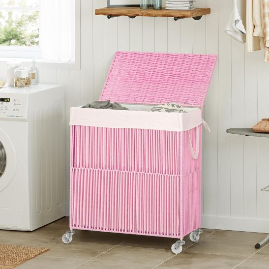 Handcrafted Laundry Basket on Wheels Featuring a Lid, Dividers, And a Removable Liner Bag with a Spacious 30.38gal Capacity, Perfect for Organizing Clothes in Your Laundry Room. Available in Pink, Laundry Baskets