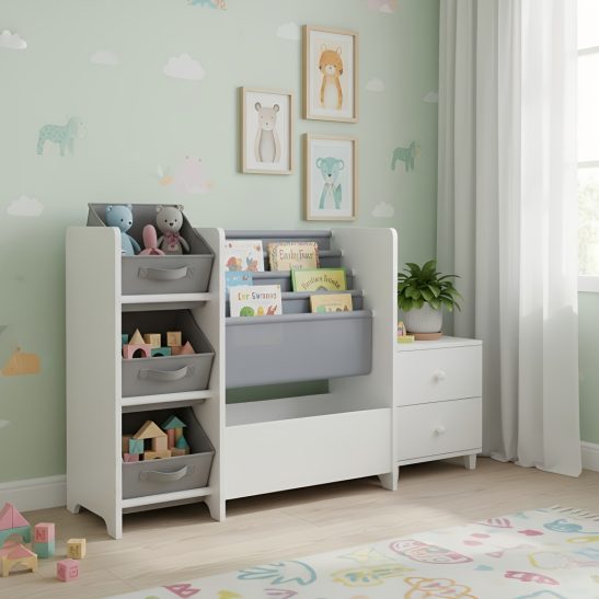 Organizer for Books And Toys, Featuring a Versatile 4-Tier Shelf with 3 Collapsible Fabric Bins, Perfect for Displaying Books in a Playroom Or Nursery for Young Ones