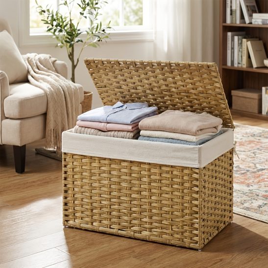 27.74gal Storage Basket with Lid, Blanket Storage Bin with Handles, Foldable, Removable Liner, Metal Frame, for Bedroom, Laundry Room, Laundry Baskets