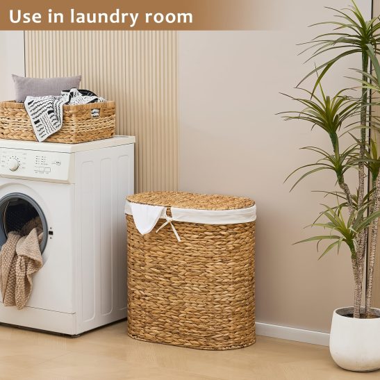 Handwoven Water Hyacinth Bohemian Laundry Basket with Lid - 2-Section Wicker Hamper Suitable for Bedroom, Bathroom & Laundry Room, Removable Liner Bags, Oval Clothes Basket with Lid for Storage, Wicker for Decor, Laundry Baskets