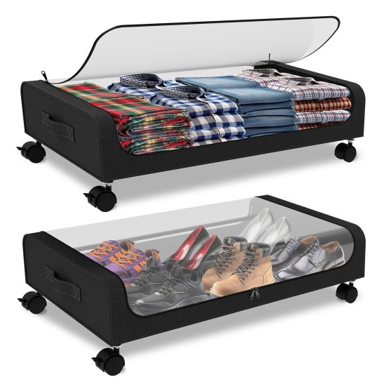 2Pack XXL Large 17.17gal Underbed Storage Containers | Under Bed Organizer with Wheels for Clothes, Bedding, Shoes, Blankets, Books | Classic Oxford Cloth, Rectangle Shape, Multipurpose Use, Under-Bed Storage